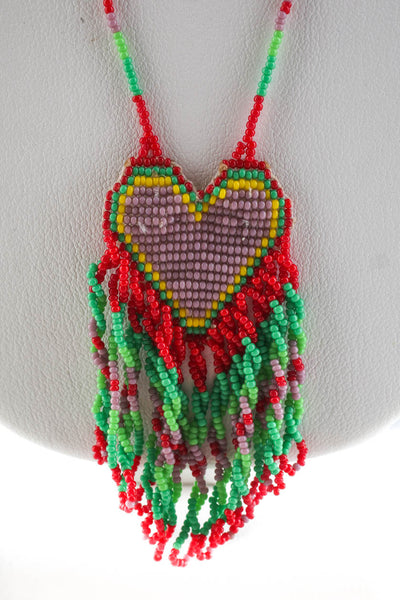 Designer Womens Green Red 18" Beaded Fringe Heart Necklace