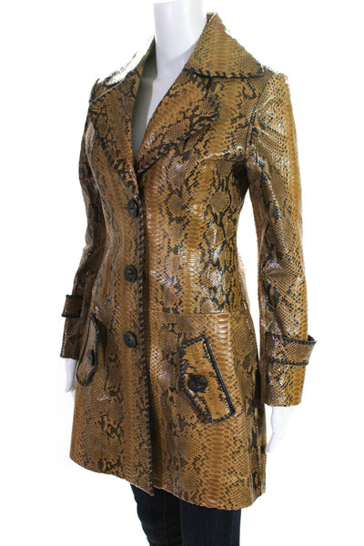 Glen Arthur Womens Python Notched Collar Button Up Long Jacket Coat Brown Size 4