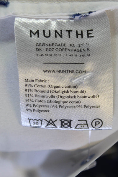 Munthe Womens Printed Ruffled V Neck Blouse White Blue Cotton Size EUR 38