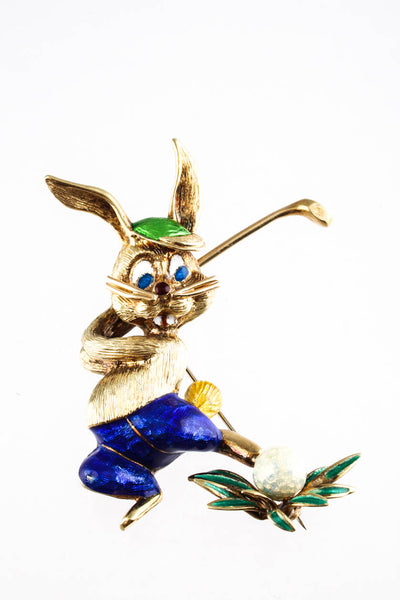 Designer Antique 14KT Yellow Gold Enamel Bunny Golf Pin Brooch Blue Green