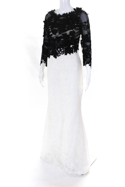 Tony Ward Womens Embroidered Floral Mesh Full Length Gown Black Ivory Size 2