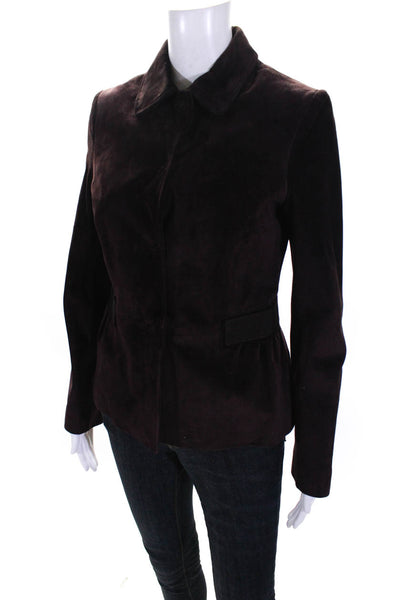 Kiton Womens Button Front Collared Suede Jacket Wine Red Size Italian 44