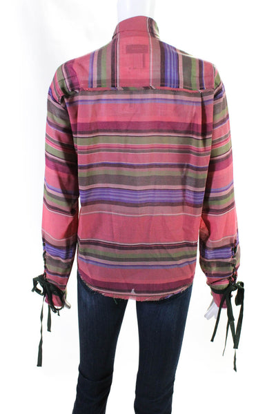 Facetasm Womens Button Front V Neck Striped Fringe Shirt Pink Wool Size 2