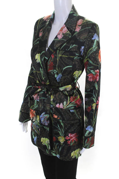 Off White Womens Floral Belted Jacket Black Green Pink Size Italian 38