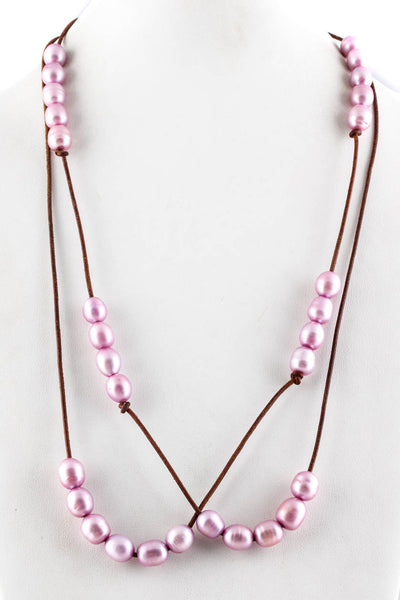 Designer Womens Pearl Leather Long Strand Necklace Pink