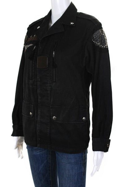 West Style Story Womens Beaded Denim Button Up Jacket Black Size Small
