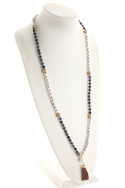 Marlyn Schiff White Turquoise Lapis Lazuli Beaded Tasseled Necklace $128 NEW