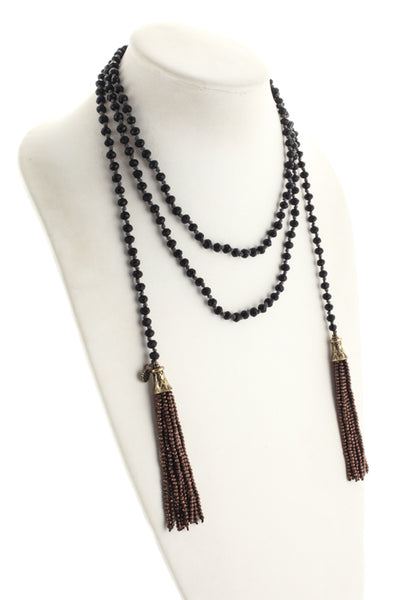 Marlyn Schiff Black Brown Crystal Beaded Gma Tassel Lariat Necklace $110 NEW